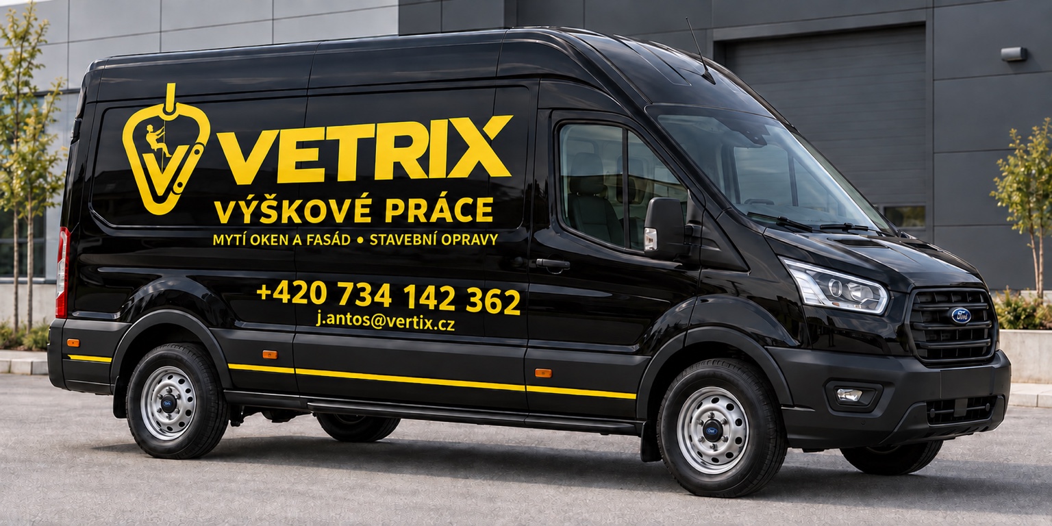 Černá dodávka VETRIX se žlutým polepem výškových prací